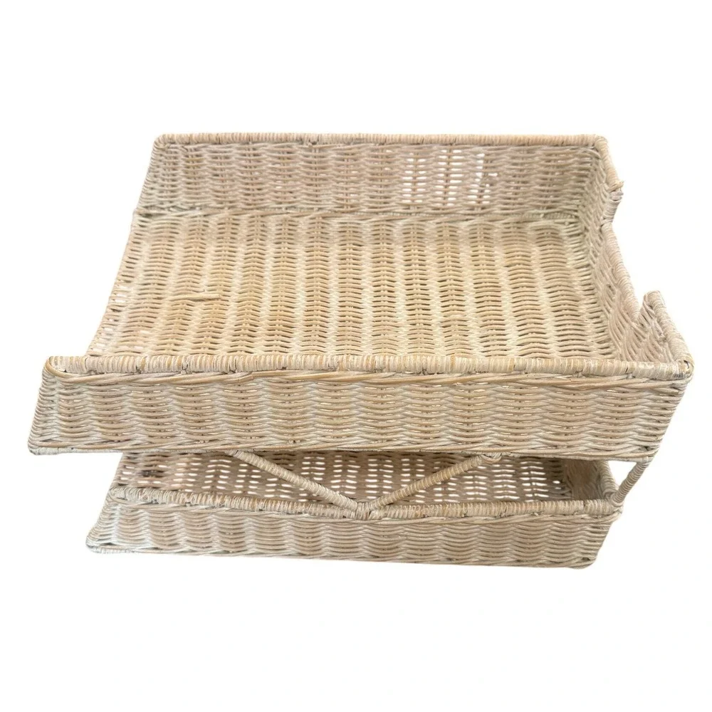 Wicker 2 Tier Letter Tray Desk Paper Organizer Whitewash Coastal Cottage Decor